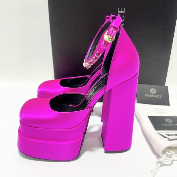 Versace Aevitas Platform Pumps 39 US 9 Pink Fuchsia Satin Crystal NIB $1575 - Picture 10 of 15